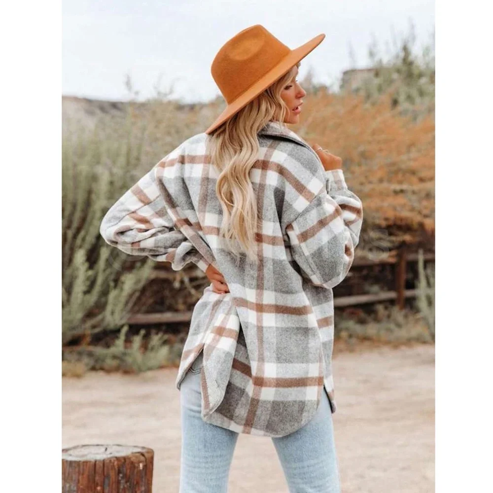 Plaid Oversized Shacket (Shirt / Jacket) White Grey Brown Long Sleeve & Pockets - Picture 2 of 6